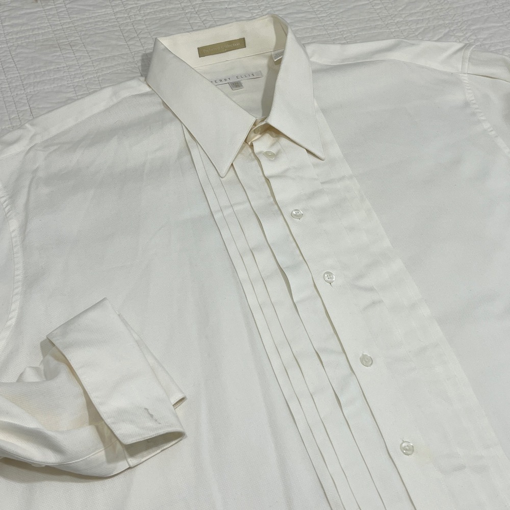Perry Ellis Preferred Collection Ivory Pleated Piqué Tuxedo Shirt 17.5 35 Mens